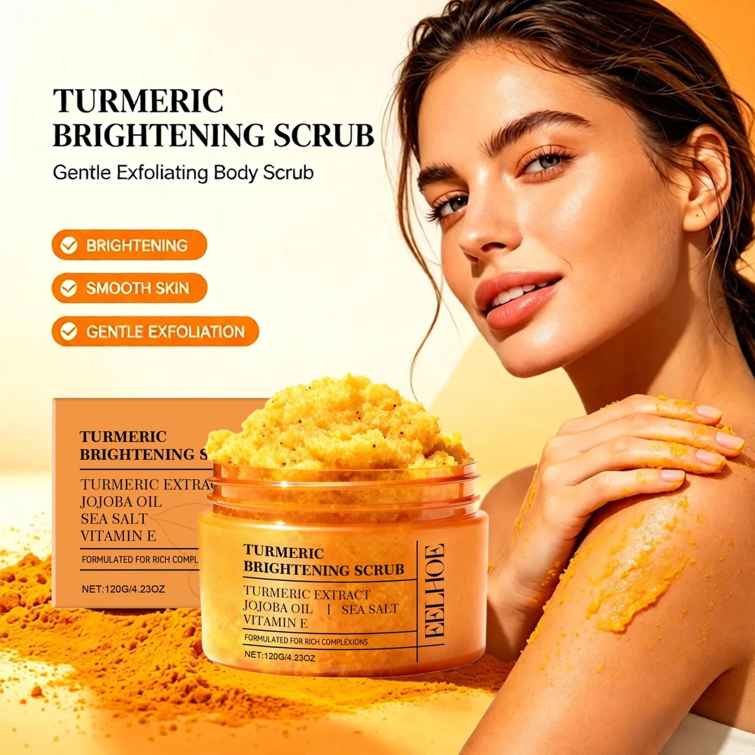 Vitamin E Turmeric Brightening Scrub Gentle Exfoliating Soft Moisturizing Smooth Glowing Restore Skin Hydration Body Treatment Skincare
