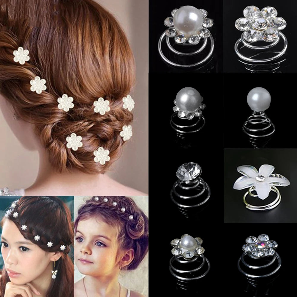 12Pcs Bridal Crystal Pearl Flower Spiral Twist Hair Pins Clips Wedding Jewelry Bride Headdress Women Hair Styling Accessories