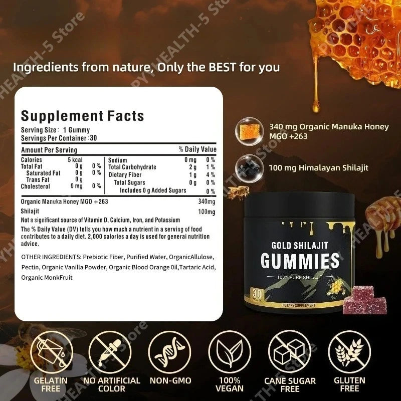 Premium Shilajit & Manuka Honey Vegan Gummies, 30 Count, Non-GMO, Sugar Free, Daily Nutrition & Cognitive Wellness Support