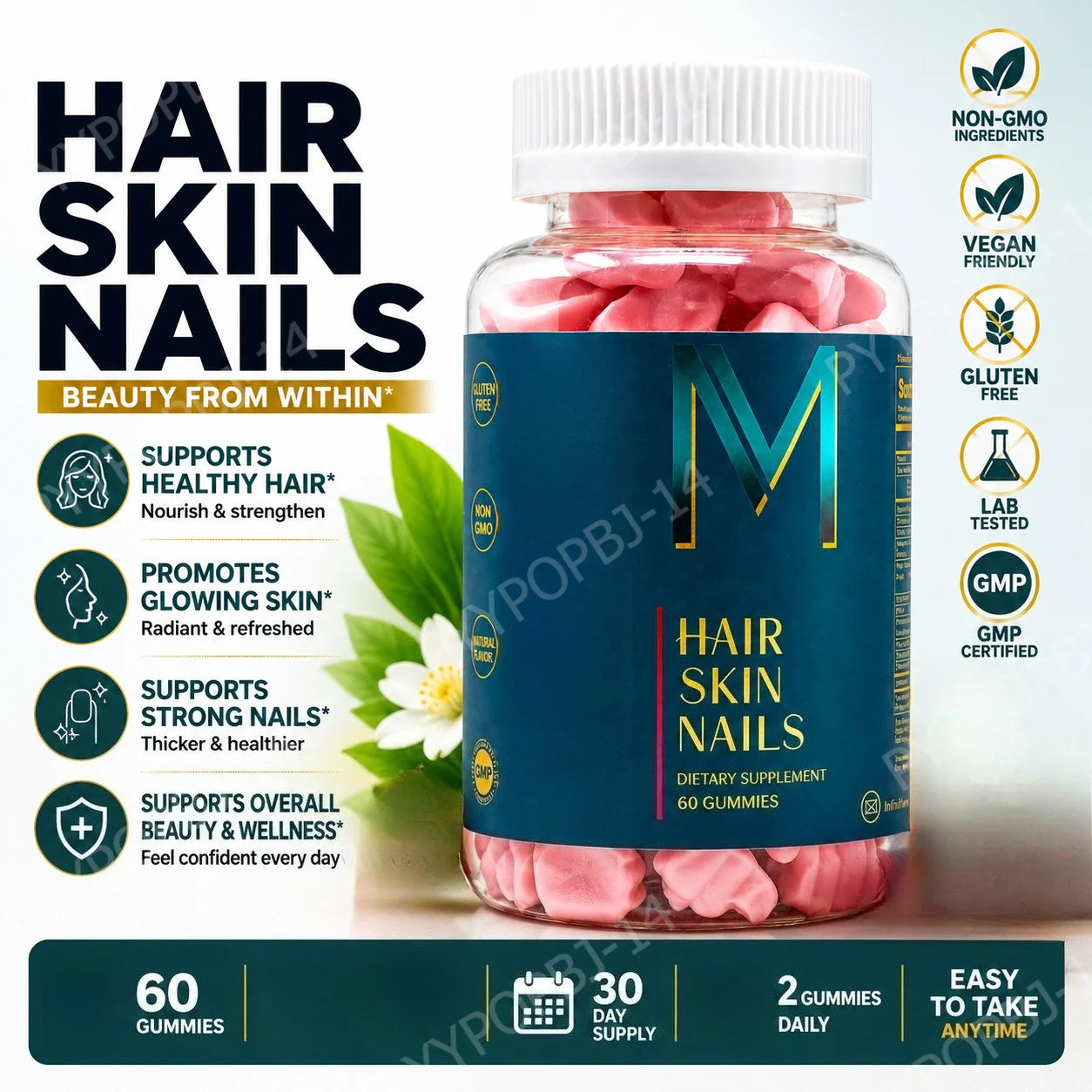 Hair Skin and Nails Gummies with Zinc Vitamins B5 B6 B12 60Count Dietary Supplement Vegan Non-GMO Gluten Free