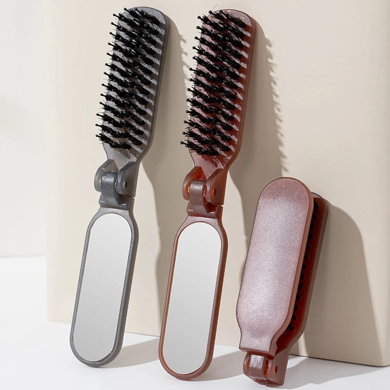 Mane Bristle Hair Brush Foldable Portable Comb With Mirror Pocket Collapsible Travel Massage Hair Styling Tool Salon Gift..
