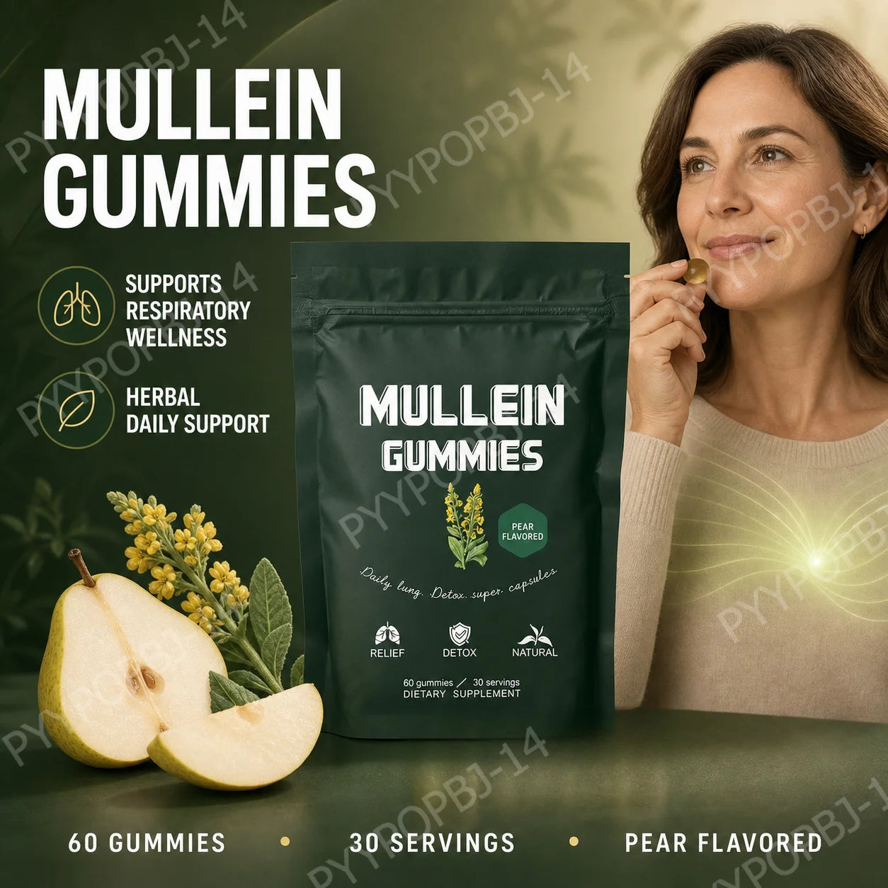 Mullein Leaf Extract Gummies 60 Count Pear Flavor Chewable Herbal Dietary Supplement with Pectin Daily Wellness Support
