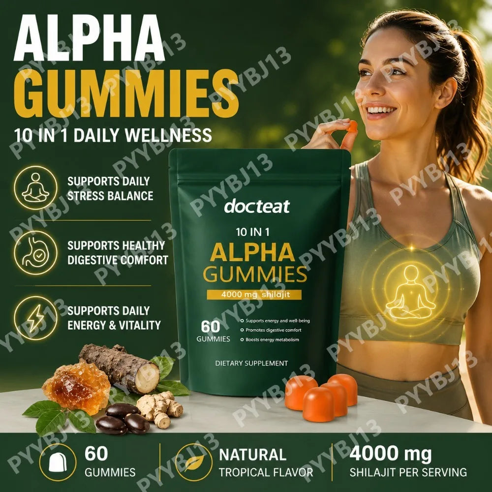 Docteat 10 in 1 Shilajit Gummies, Daily Energy Support Ashwagandha Maca Ginger Blend For Adults 4000mg 60 Gummies 30 Day Supply