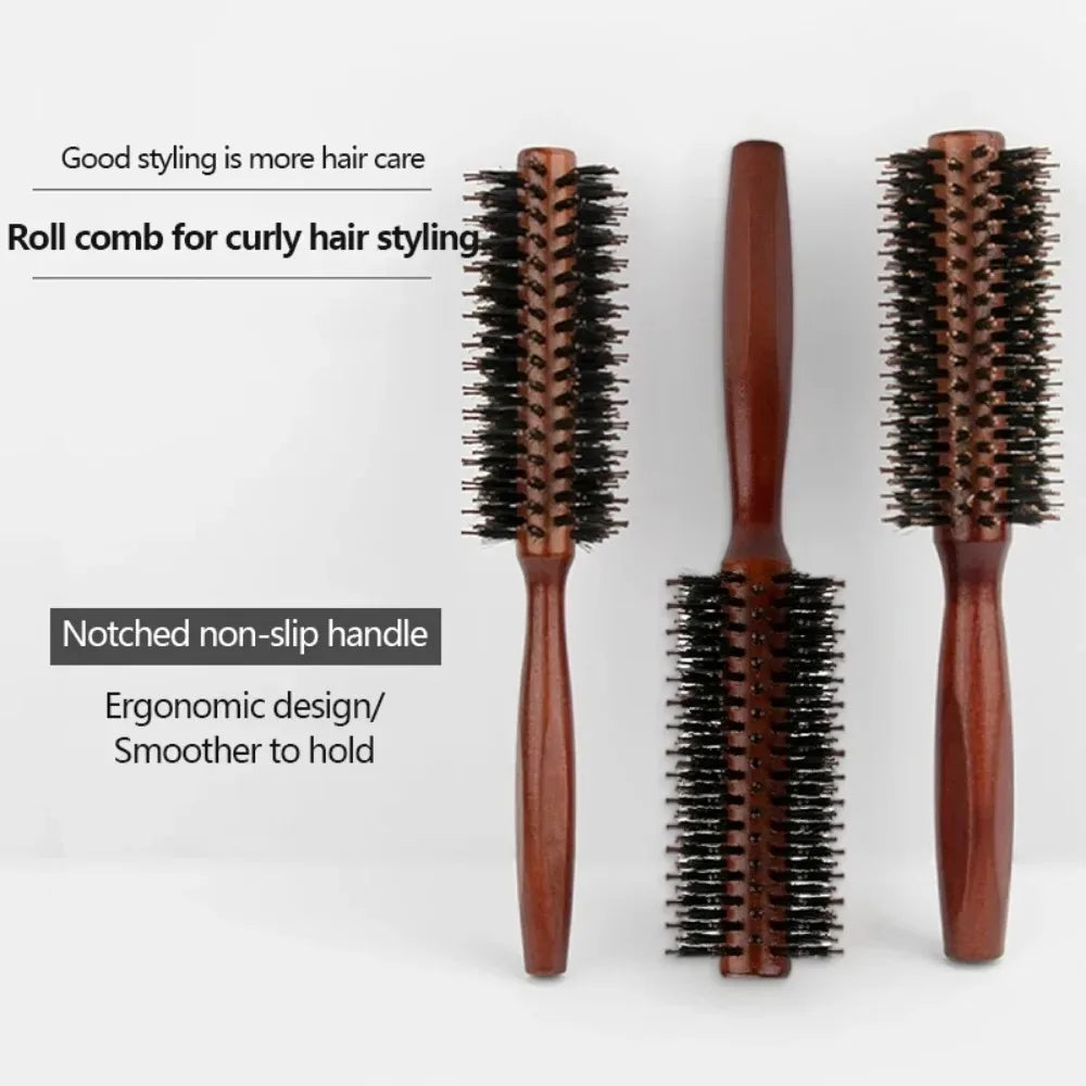 Wood Handle Round Rolling Brush Straight Twill Hair Comb Boar Bristle Round Barrel Hair Curling Brush Hairdressing Styling Tool