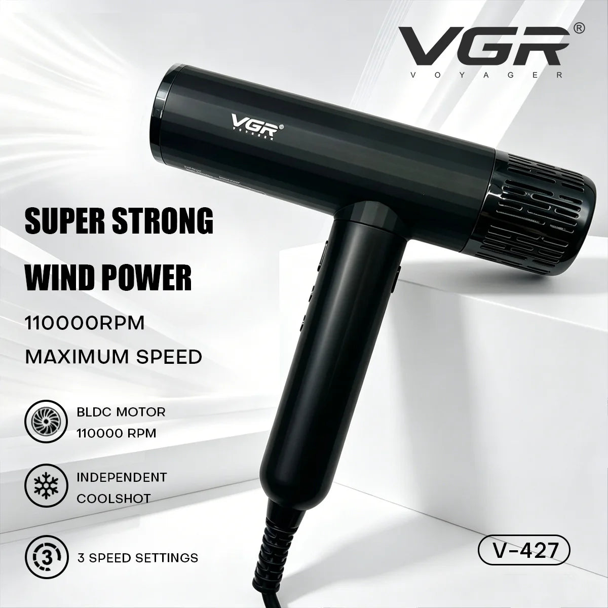 VGR Hair Dryer Professional Air Blower Brushless Motor Hair Dryer Machine 110000 RPM Negative Ion Hair Styling Blow Dryer V-427
