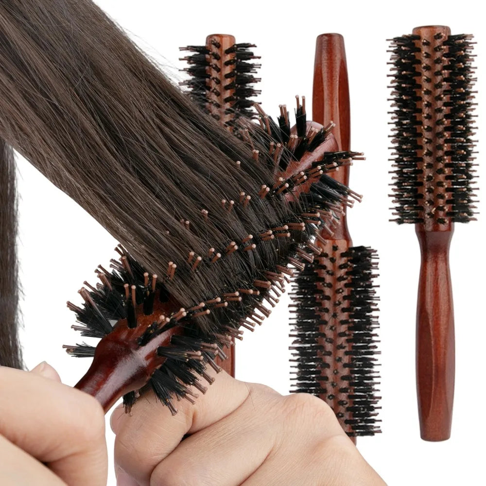 Wood Handle Round Rolling Brush Straight Twill Hair Comb Boar Bristle Round Barrel Hair Curling Brush Hairdressing Styling Tool
