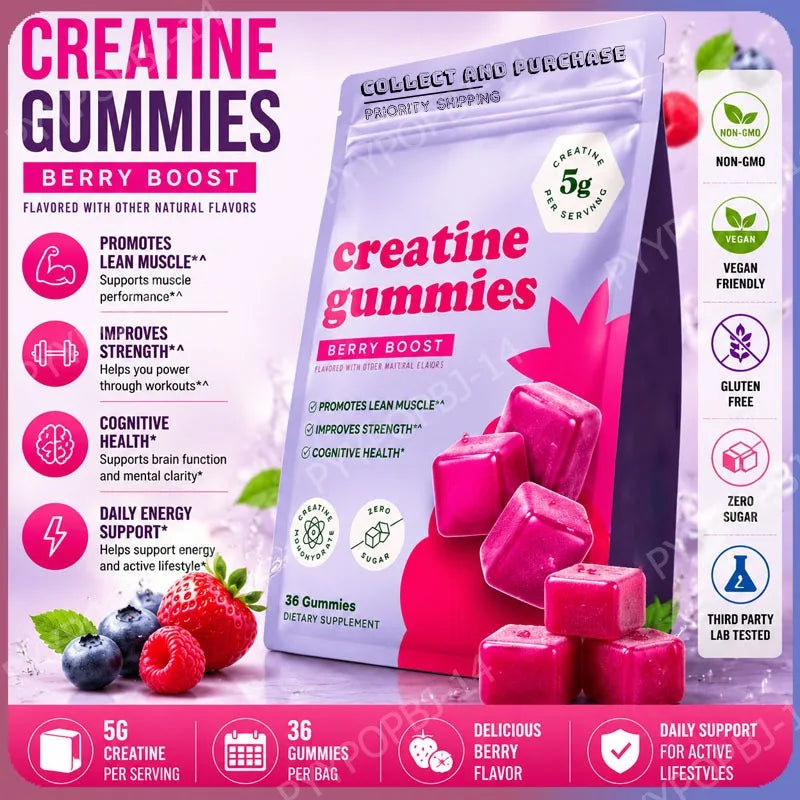 Berry Flavor Creatine Monohydrate 5g Gummies - Zero Sugar 36 Count Non-GMO Gluten Free Vegetarian Supplement for Fitness And Bod