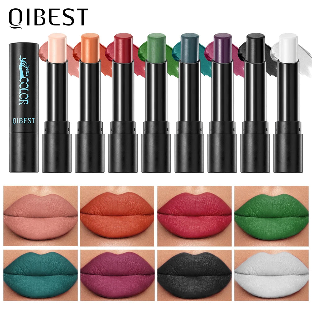 QIBEST Nude Velvet Matte Lipstick Long-lasting Highly Pigmented Lip Tint Not Stick Cups Red  Green Orange Black White Lip Stain