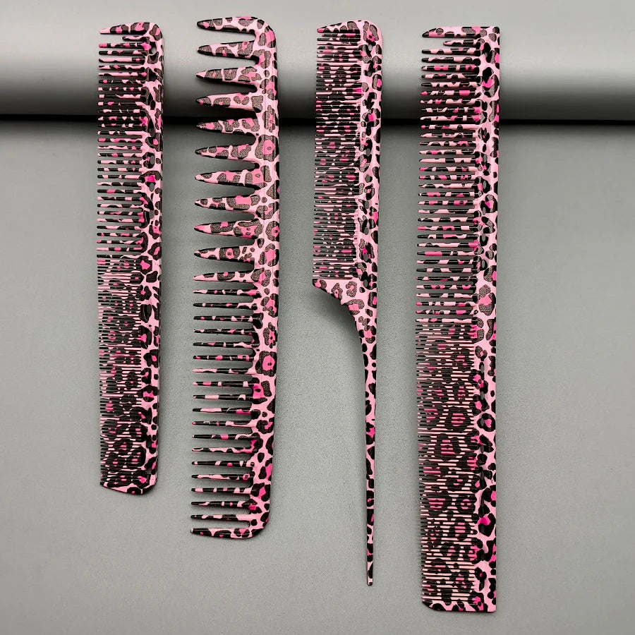 Leopard Print Comb Set of Four, Professional Hair Stylist Hair Cutting Comb, Salon Hair Styling and Trimming Comb, Smoothing Comb, Tail Comb, Textured Pompadour Comb, Women's Hair Comb, Men's Hair Comb