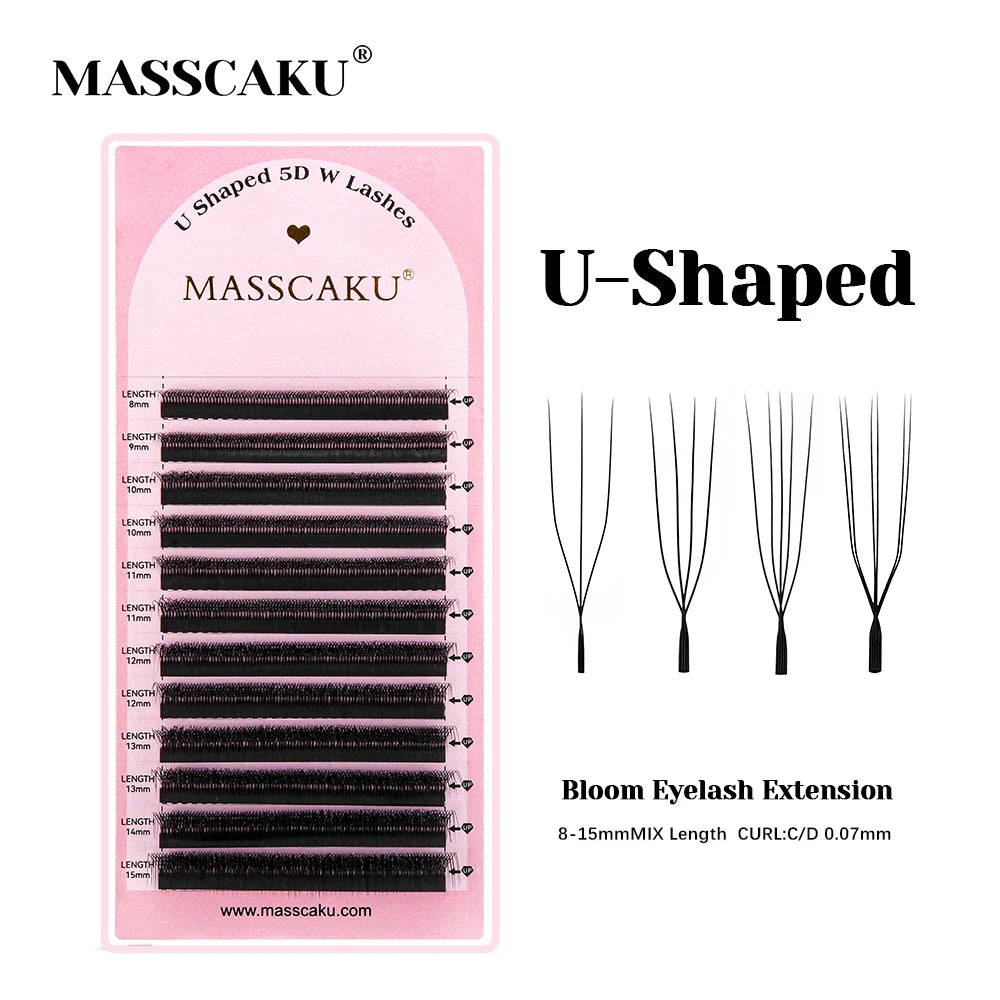 MASSCAKU U Shaped 3D/4D/5D/6D Eyelash Extensions 0.07mm Thickness Hand Woven Premade Fan U Eyelashes Ideal for Maquillaje Mujer