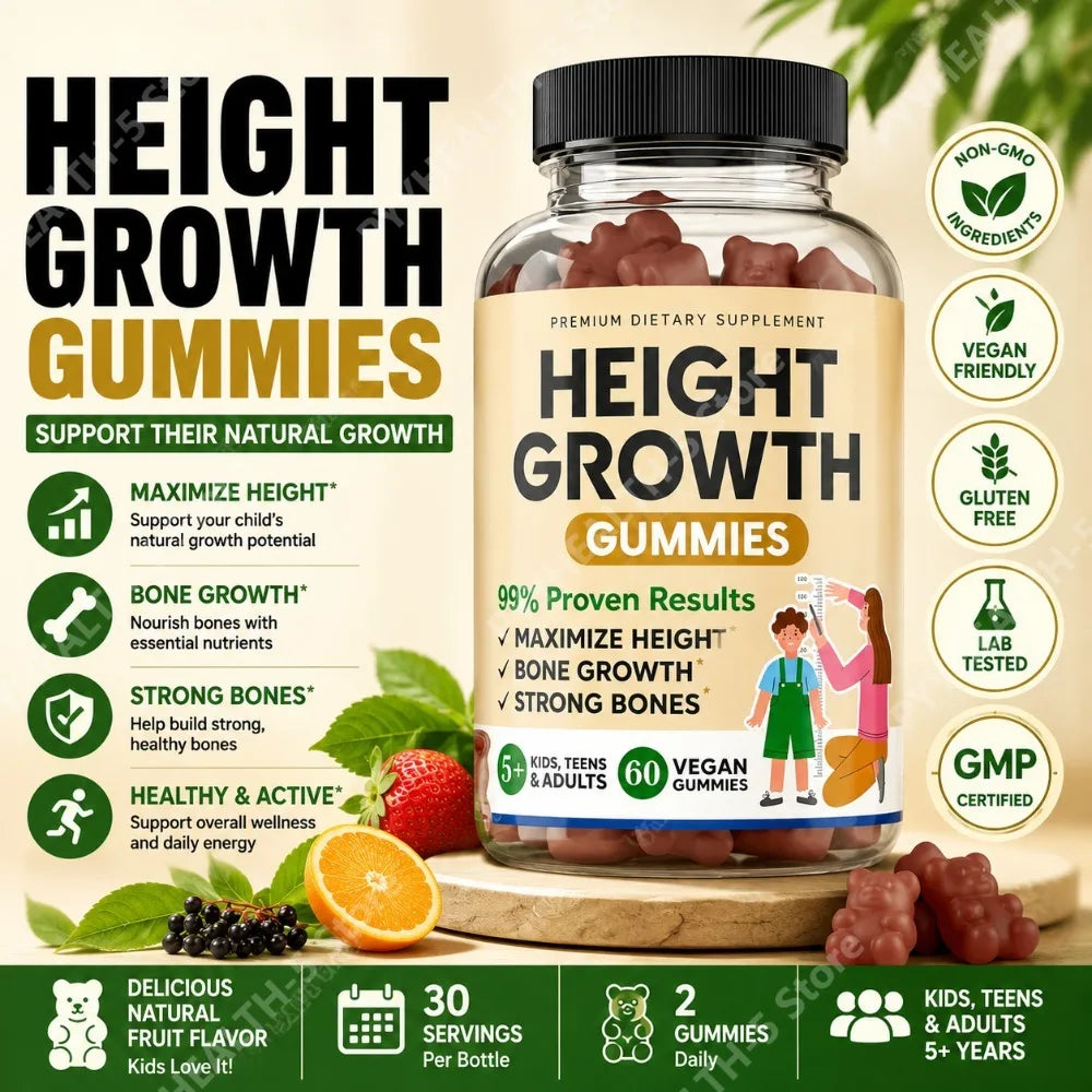 Height Growth Increase Vitamin Gummies with Calcium Magnesium Glycinate Zinc Vitamin K2 D3 Supplement for Kids Teens Use 60CT