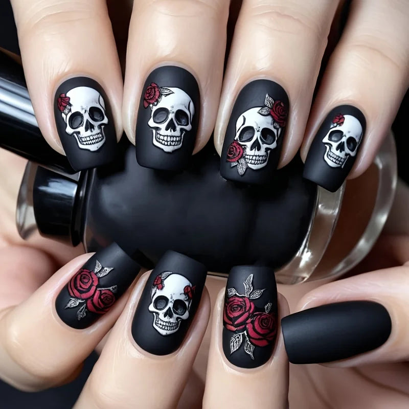 24pcs Halloween nails Black matte rose skull print design full coverage press false nails are suitable for Women's holiday party