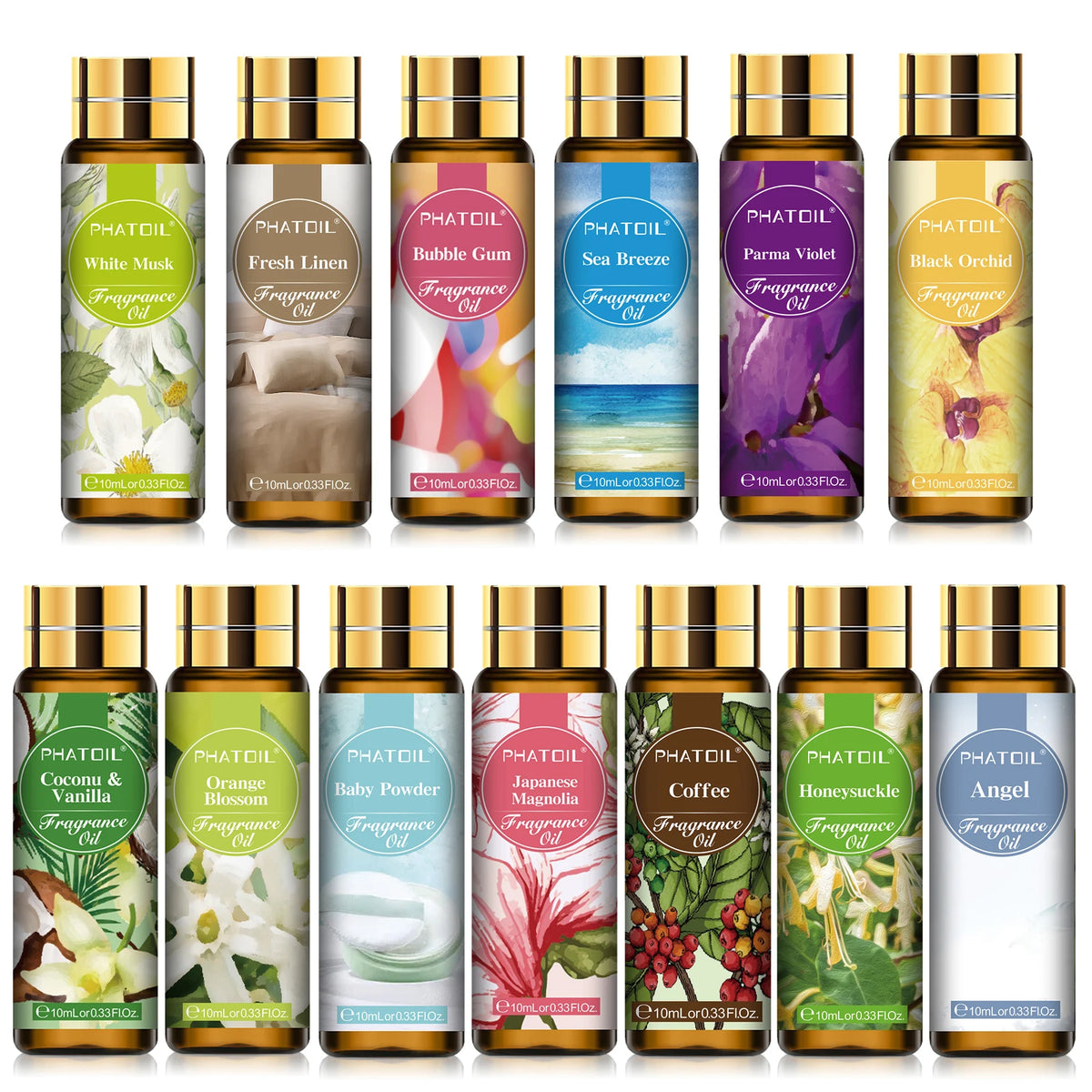 PHATOIL 10ml Aromatherapy Fragrance Oil White Musk Coconut & Vanilla Bubble Gum Sea Breeze Baby Powder Aroma Fragrance Oils