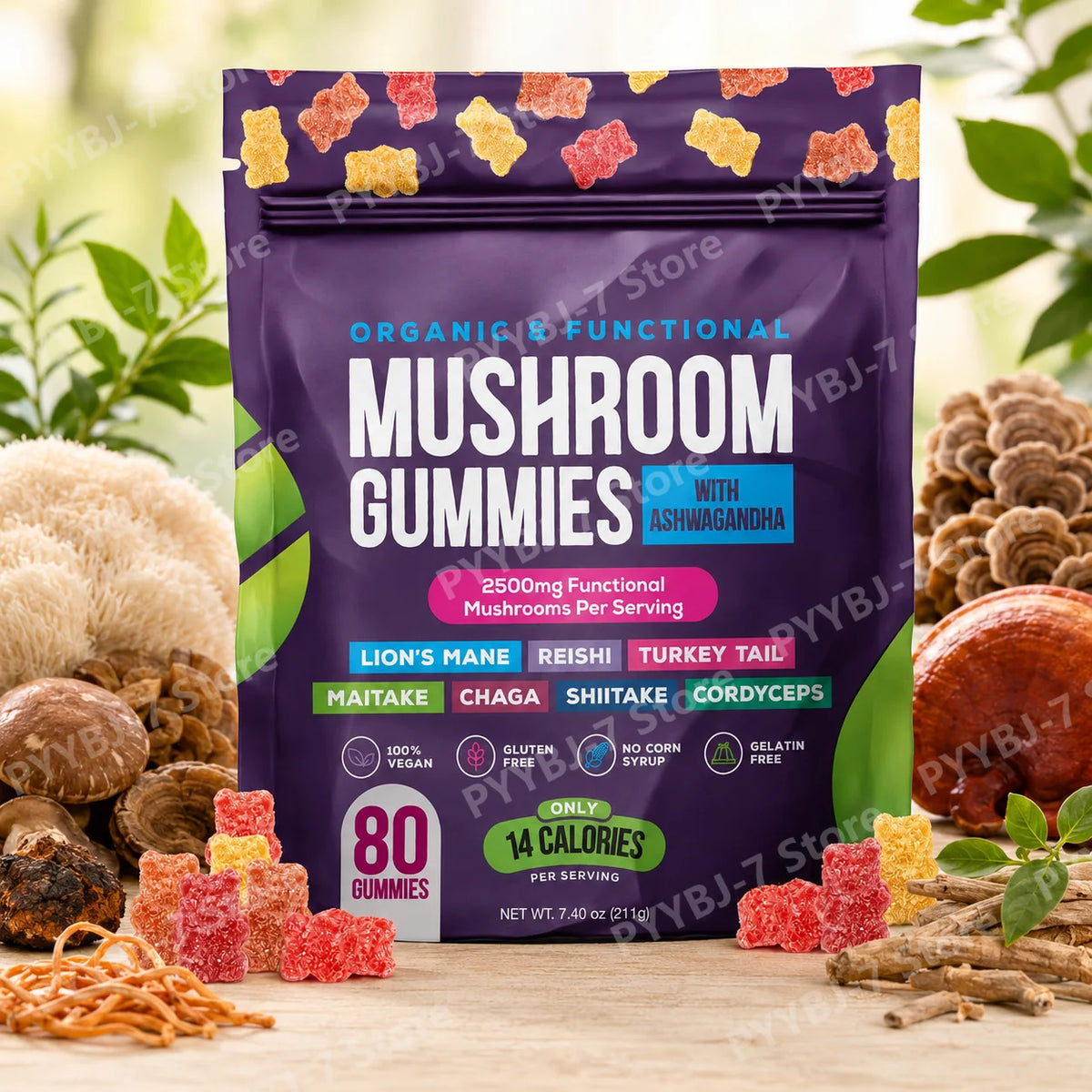 Mushroom Gummies with Ashwagandha Lion's Mane Reishi and Cordyceps, Vegan Gelatin Free Mixed Fruit Supplement
