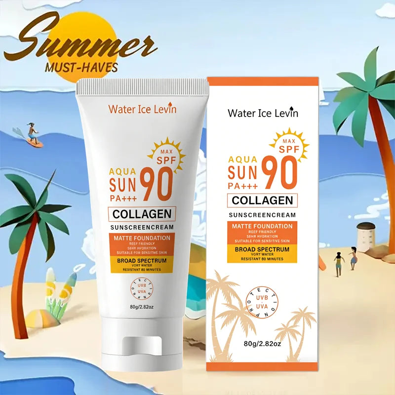 SPF 90+ Sunscreen Cream. PA+++ Broad Spectrum. Water Resistant 80 Minutes. Protects UVB UVA. Reef Friendly. Collagen. 80g.