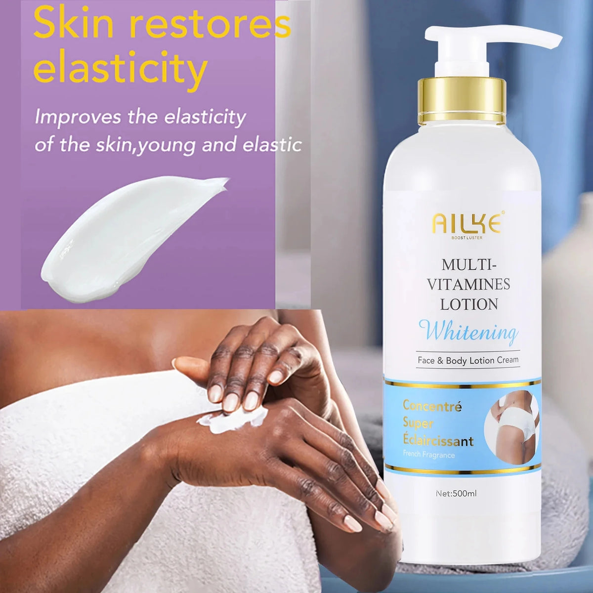 AILKE Multi Vitamin Whitening Body Lotion With Vitamins A,E,B3,B5, Increase Skin Radiance, Even Skin Tone, Moisturizer Cream