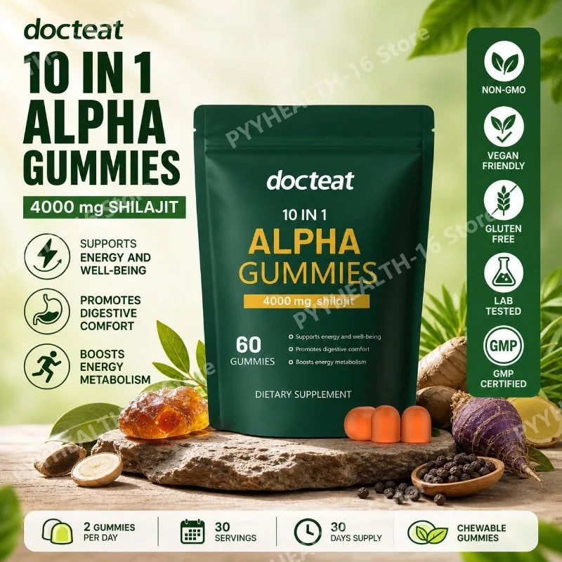 Docteat Multi-Herb Shilajit Gummies with Ashwagandha, Maca, Avena Sativa and Ginger,Daily Energy and Wellness Support 60 Count