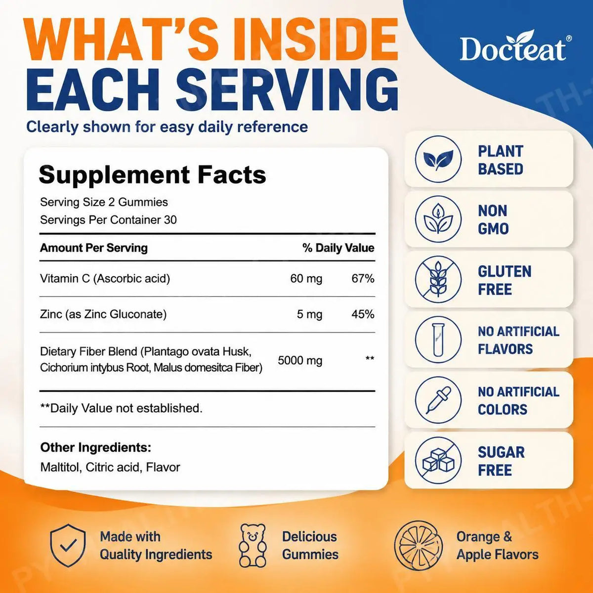 Docteat Dietary Fiber Gummies with 5g Fiber Per Serving, Vitamin C and Zinc, Intestinal Balance, Orange & Apple, 60 Gummies