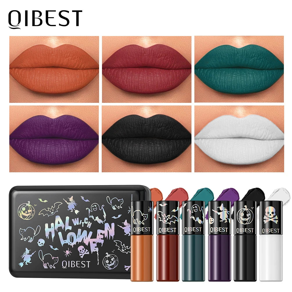 QIBEST 6Pcs/Set Waterproof Liquid Lipstick Sexy Halloween Lip Stick Matte Velvet Black Lipsticks Red Orange Lip Makeup Labiales
