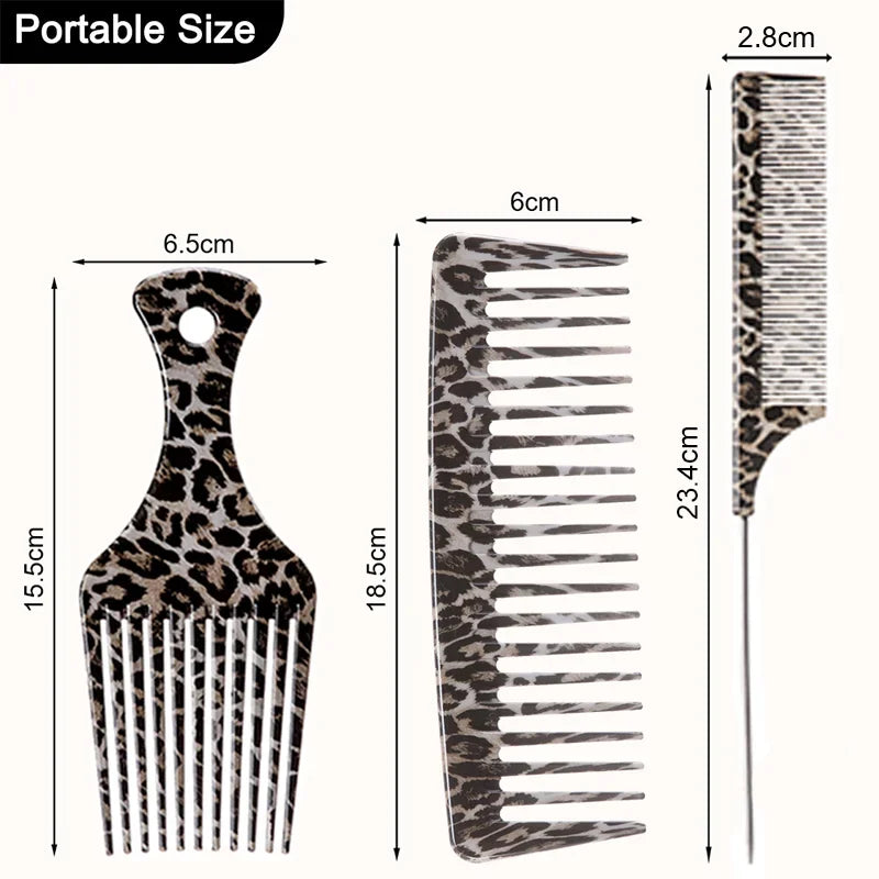 1/2/3pcs Leopard Print Comb Set Anti-Static Wide Teeth Afro Braid Fork Comb Rat Tail Curly Hair Styling Tools