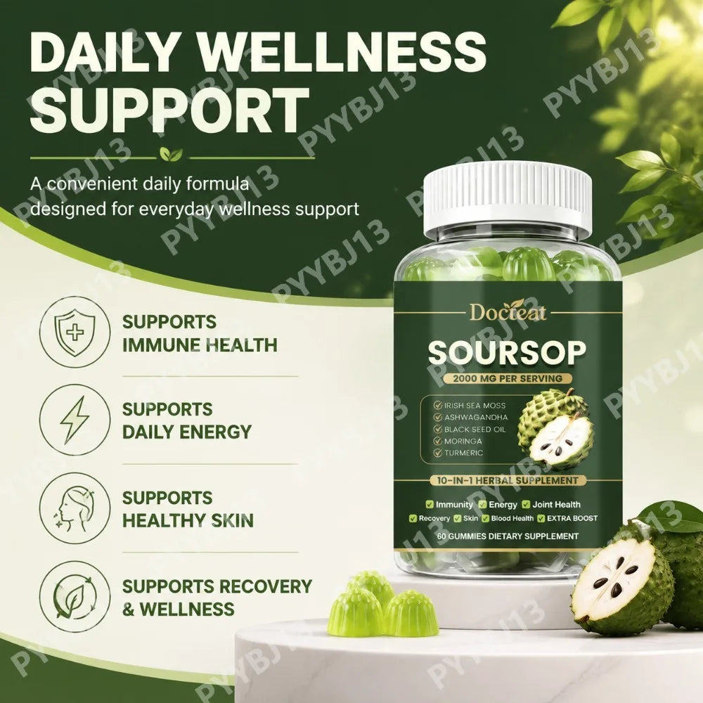 Docteat Soursop Gummies with Irish Sea Moss Ashwagandha Herbal Extract Blend Beauty Wellness Support Daily Nutrition 60 Gummies