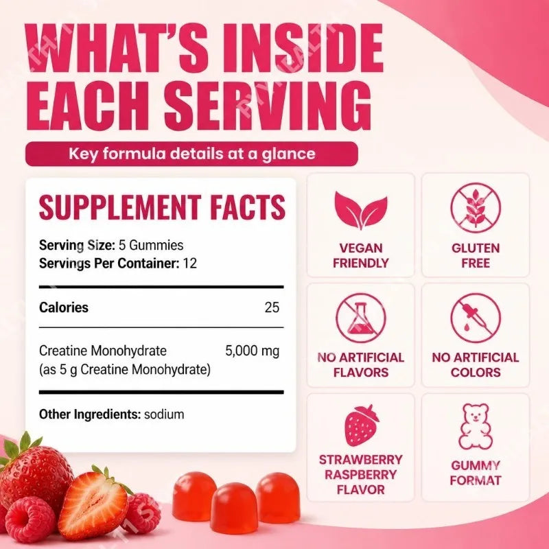 Docteat Creatine Monohydrate Gummies, 5,000 Mg Per Serving, Supports Energy & Electrolyte Balance During Training 60 Gummies