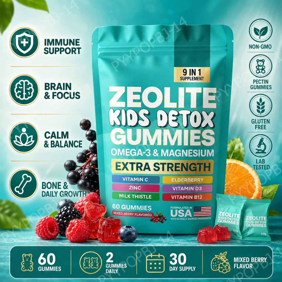 Kids Wellness Gummies with Omega-3 Magnesium Vitamin C Daily Nutritional Support Mixed Berry Flavor 60 Gummies