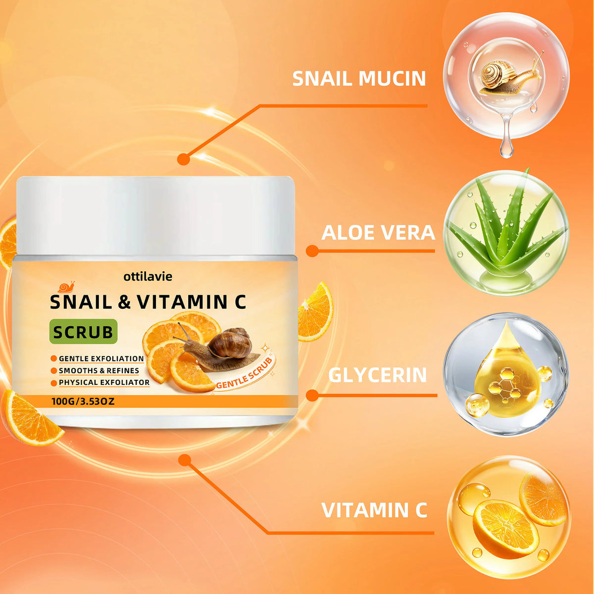 Ottilavie Snail Vitamin C Scrub: Gently Exfoliates & Deeply Cleanses. For All Skin Types, Day or Night. (Unisex)