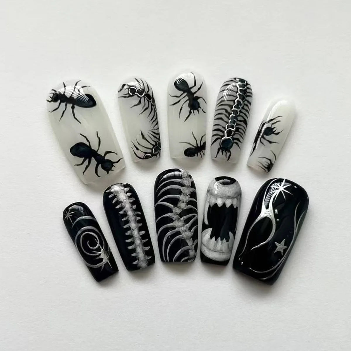 24pcs Gothic Punk Fake Nail Tips Black Ant Centipede Print Coffin Head Press on Nails Wearable European Halloween  False Nails
