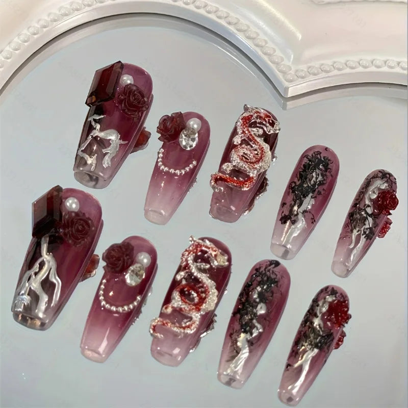 10pcs Handmade Y2K Pressed Nails, Red Fake Nails Adorned with Handmade Decorative Gemstones, Wearable Nails