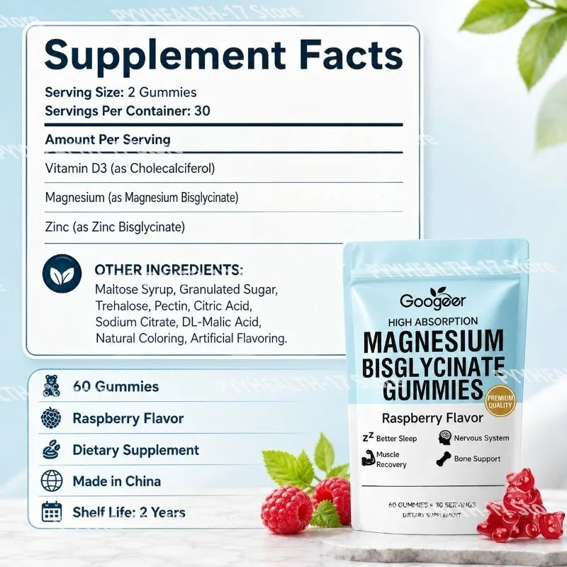 Magnesium Bisglycinate Gummies with Vitamin D3 and Zinc Raspberry Flavor Daily Nutritional Support for Adults 60 Count