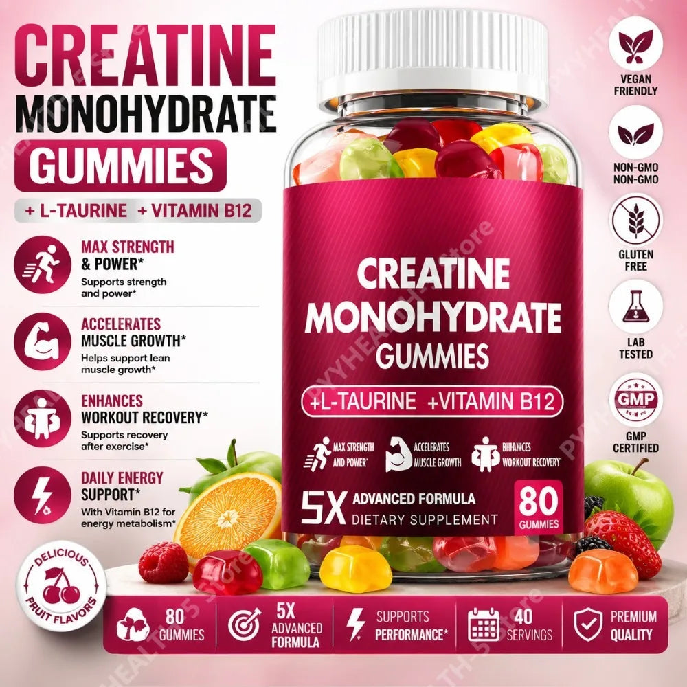 Creatine Monohydrate Gummies - 5g for Men & Women, 80 Count Creatine Chewable Supplements for Muscle Gain, Muscle Strength