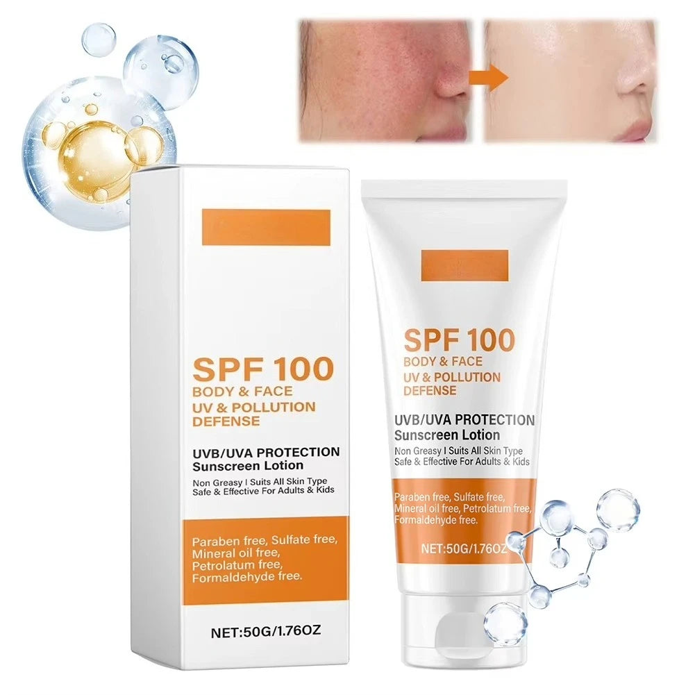 Face & Body Sunscreen Non-Greasy SPF 100+ Facial Sunblock UVA & UVB Protection Sunblocking Cream Anti Aging for Summer Beach