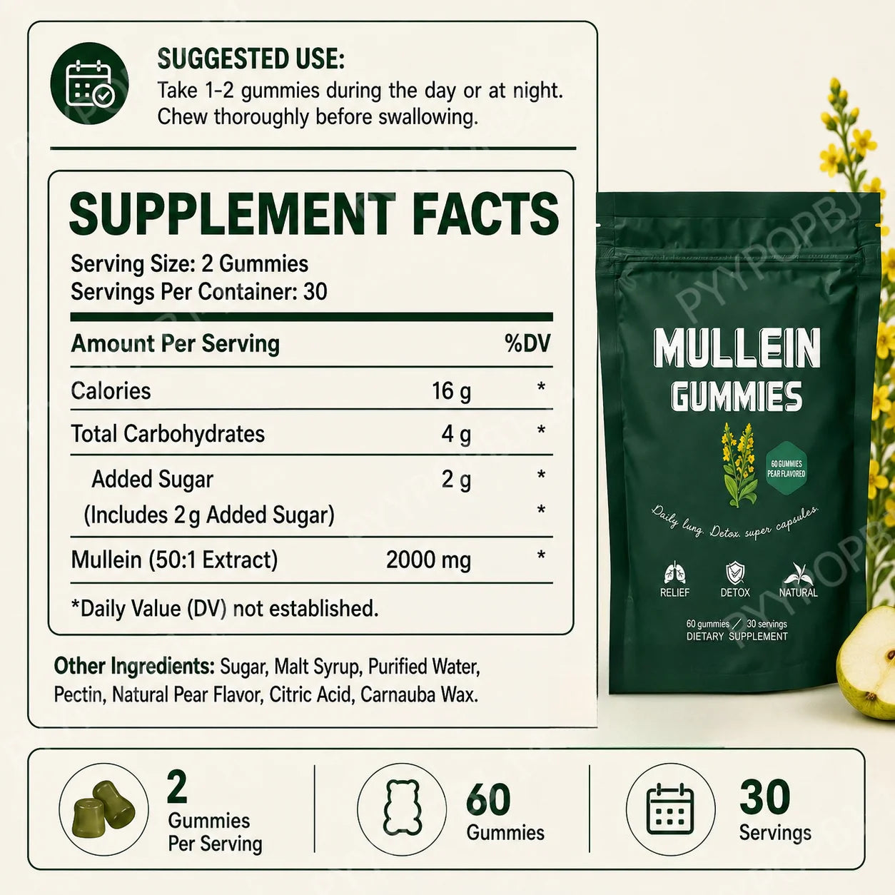 Mullein Leaf Extract Gummies 60 Count Pear Flavor Chewable Herbal Dietary Supplement with Pectin Daily Wellness Support
