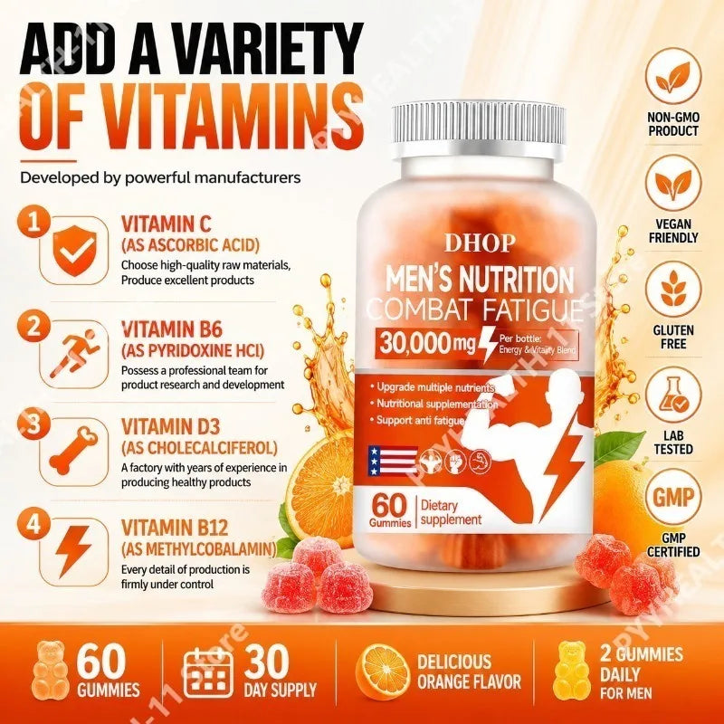 DHOP Men's Nutrition Energy Gummies 30000mg Vitality Blend Daily Stamina Performance Wellness Support 60 Gummies