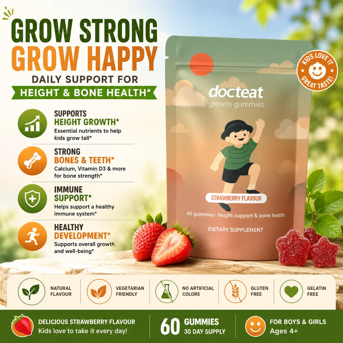 Docteat Growth Gummies for Kids Strawberry Flavor Chewable with Calcium Vitamin D and K 60 Gummies