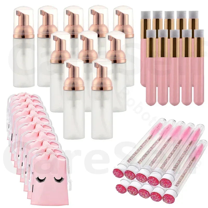 40pcs Empty Lash Shampoo Bottles and Brushes Set, Foam Pump Dispenser, and Nose Pore Deep Cleaning Brush,Eyelash Extension Tube
