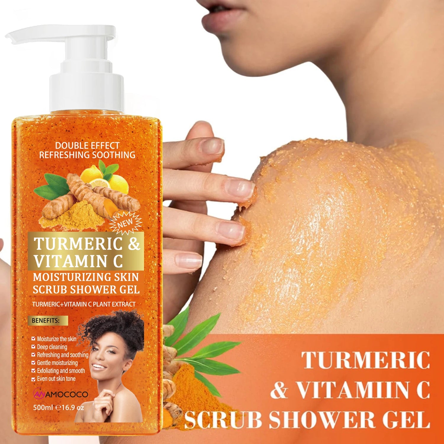 Amococo 2 Pcs Turmeric Vitamin C Body Scrub Shower Gel 500ml Brightening Exfoliating Wash for Uneven Skin Tone Dark Spots Fine Lines