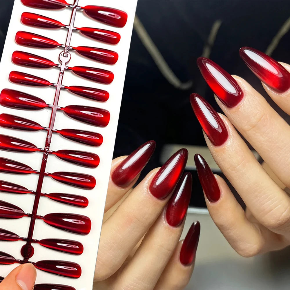 30pcs Long Almond Red Cat Eye Press-On Nails Halloween Gothic Scarlet Long Coffin  Fake Nails Glossy 3Sizes Halloween Fasle Nail