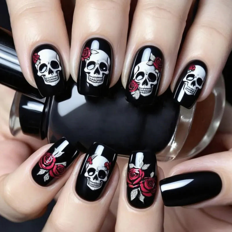 24Pcs Square Short Coverage Press On Nails Halloween Black Red Rose Fake Nails White Skull Reusable False Nail Star Wear Nails