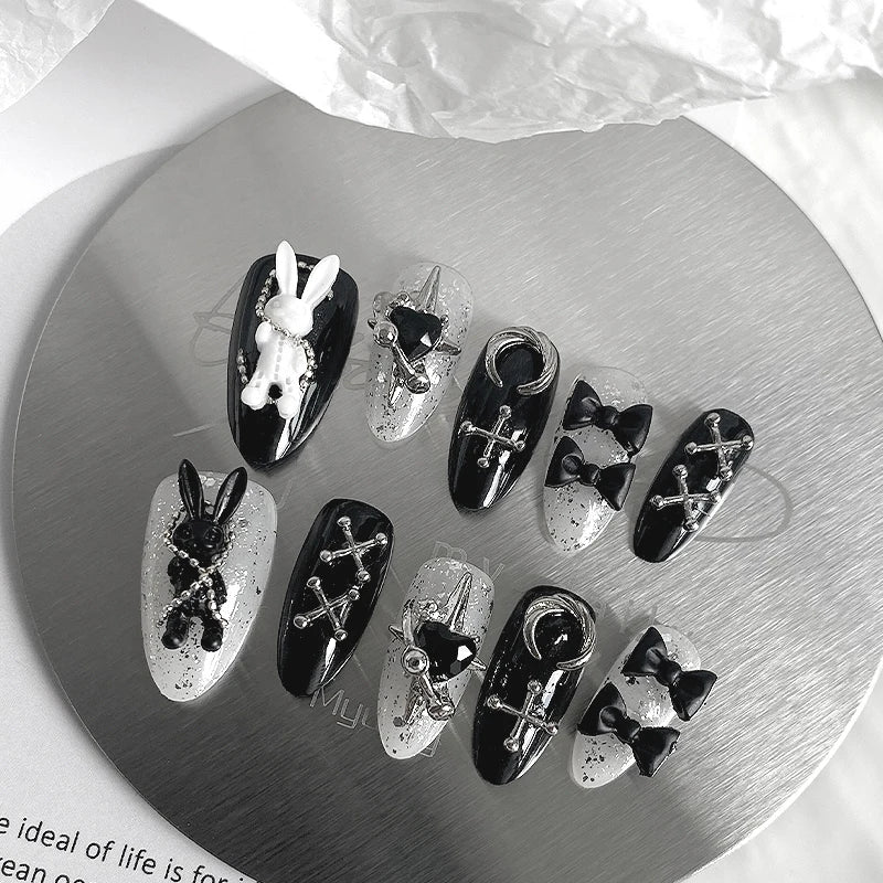 10pcs Pure Handmade Almond Shaped Nail Art, Beautiful Fake Nails, Halloween Black and White Bunny Design, Suitable for Women