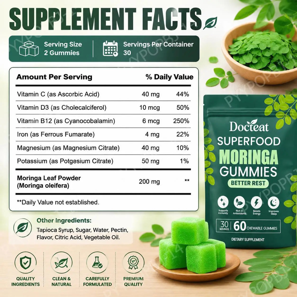 Docteat Moringa Better Rest Gummies Sleep Support, Antioxidant Support, Energy Support, Vitamin C and Vitamin D3 60 Gummies