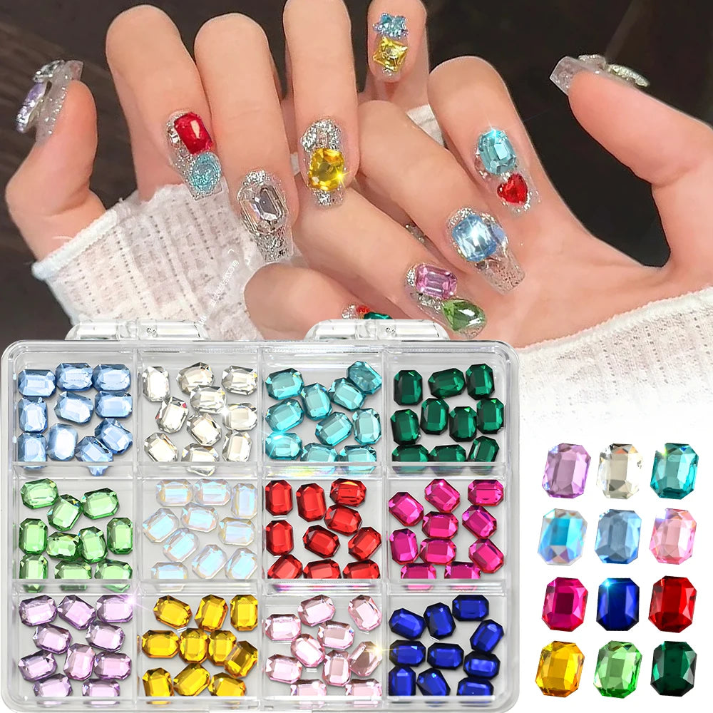 12Grids 120Pcs Ice SemiClear Colorful Octagon Nail Art Rhinestones, Sparkle K9 Glass Flat Back Gems, 3D DIY Manicure Accessories