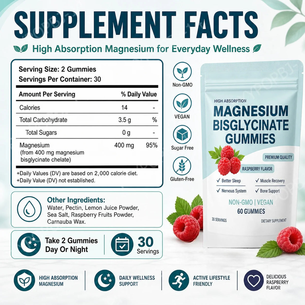 Magnesium Bisglycinate Gummies 400mg Sugar Free  Raspberry Flavor  60 Gummies 30 Servings Non-GMO, Vegan, Gluten Free