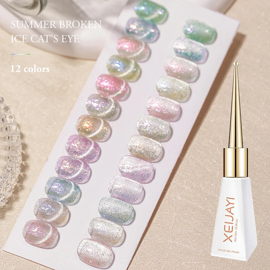 12pcs Summer Crushed Ice Glamorous Cat Eye Gel Nail Polish - Reflective Glitter, Holographic Laser Sparkle, Soak Off UV LED
