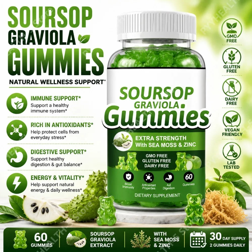 Soursop Graviola Gummies 2000mg with Sea Moss Zinc Vitamin C 60 Ct Vegan Herbal Blend Daily Wellness Supplement
