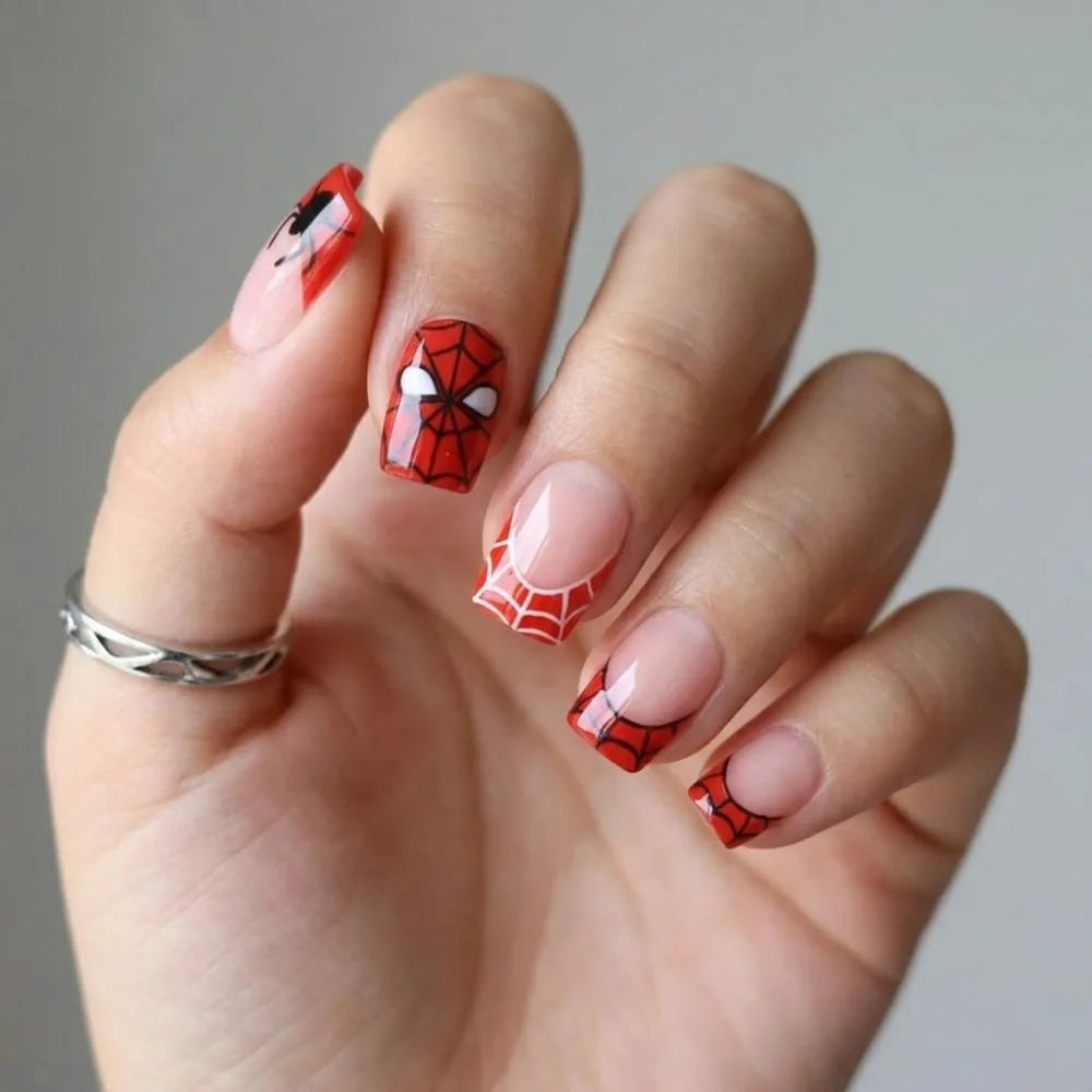 24PCS Halloween Spooky Spider Web Press on Nails Red Glossy Square Fake Finger Art Tips Gothic Party Acrylic False Nail