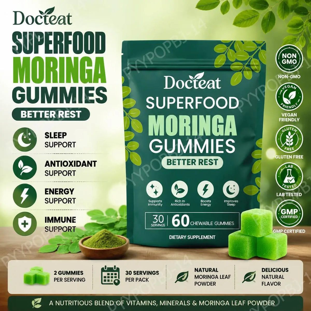 Docteat Moringa Better Rest Gummies Sleep Support, Antioxidant Support, Energy Support, Vitamin C and Vitamin D3 60 Gummies