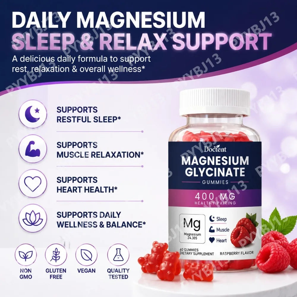 Docteat Magnesium Glycinate Gummies with L-Theanine Tart Cherry Vitamins B6 B12 D3 Daily Relaxation Support Raspberry 60 Count