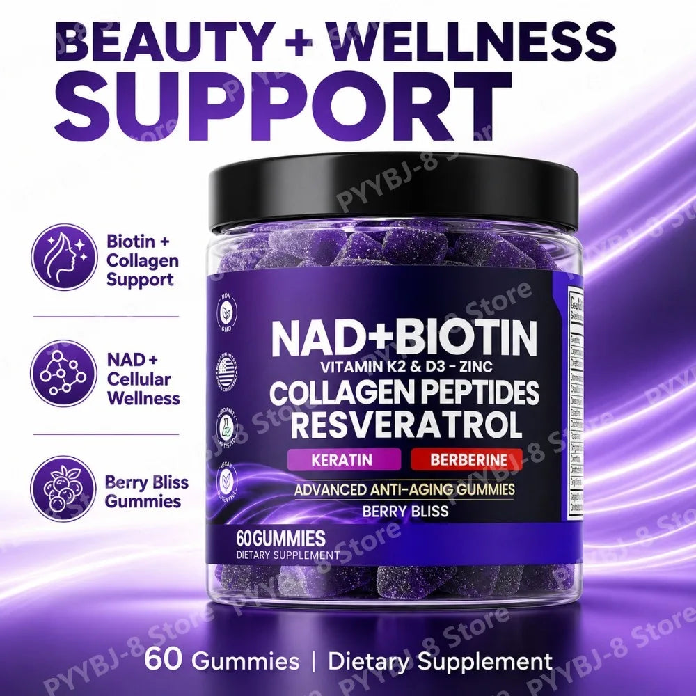 NAD+ Resveratrol Biotin Gummies, Collagen Keratin Zinc D3 K2 Blend, Berry Flavor for Hair Skin Beauty Wellness Support, 60 Count